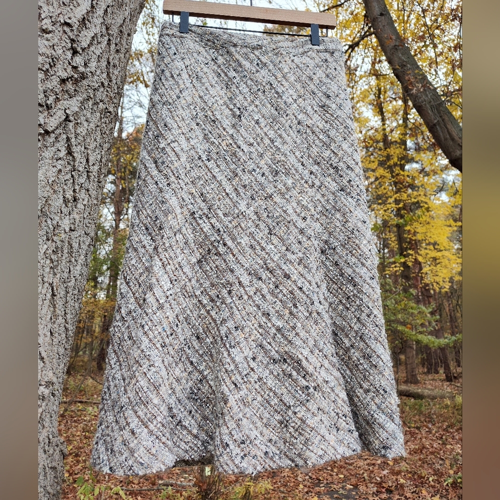 Gray Brown Glitter Tweed Wool Flared Midi Skirt Sz 8 Forest Fairy Grunge Earthy